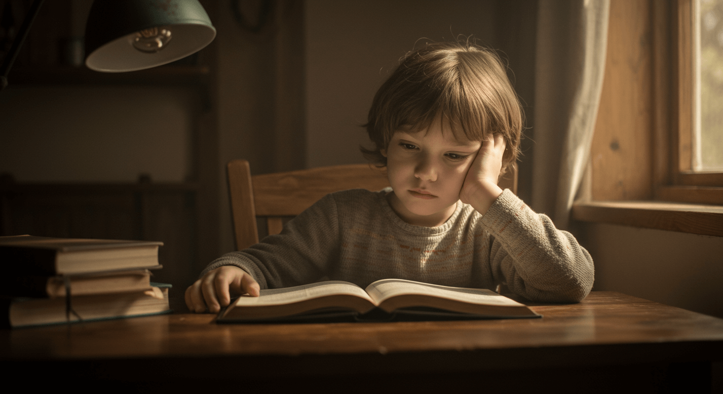 Niño con dificultades de lectura mira por la ventana, mostrando falta de interés en su libro.