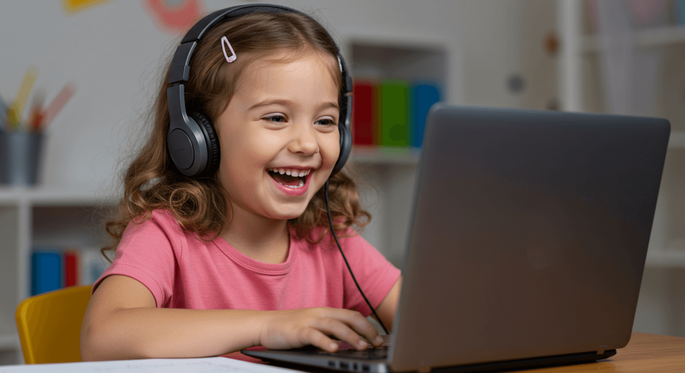 Niña feliz aprendiendo en el taller virtual de Ritmo Lector